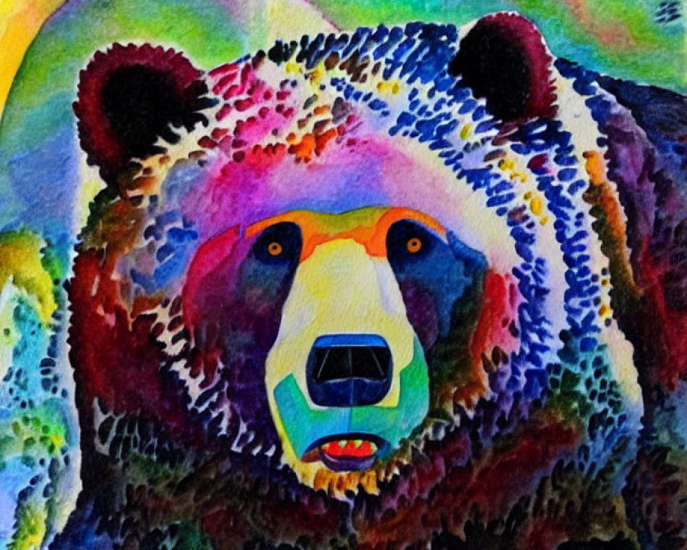 Colorful Watercolor Painting of Bear's Face with Expressive Eyes