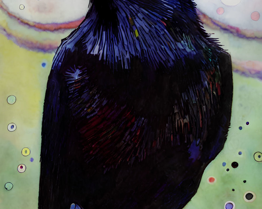 Colorful Raven Illustration with Iridescent Feathers and Whimsical Background