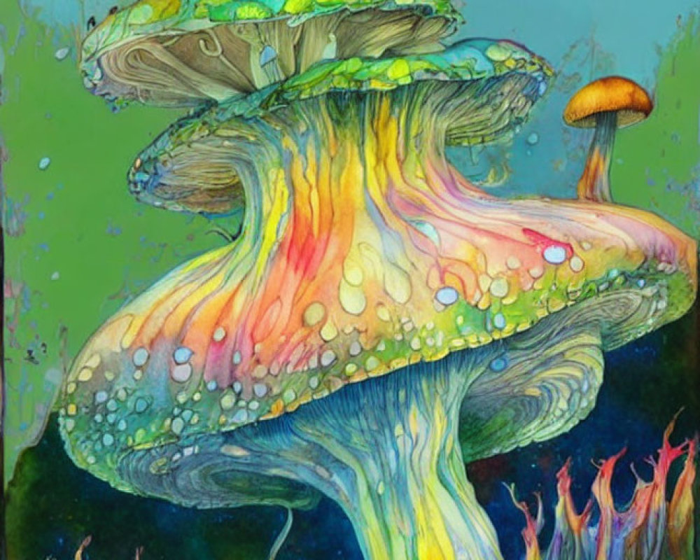 Colorful Fantasy Mushrooms Illustration on Teal Background