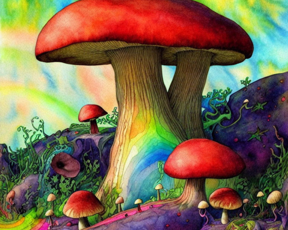 Fantasy landscape with oversized red mushrooms and rainbow