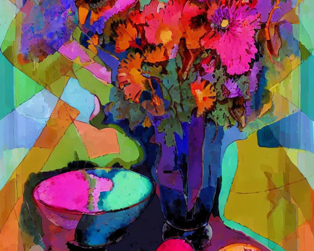 Colorful Abstract Painting: Pink and Orange Flowers in Blue Vase