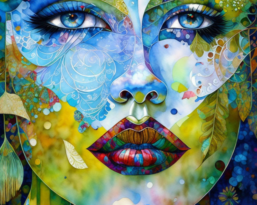 Colorful Woman's Face Illustration with Nature Motifs and Blue Eyes