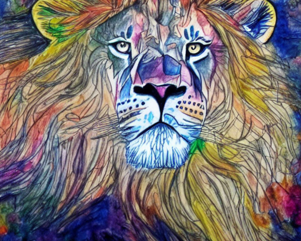 Colorful watercolor lion face painting with vibrant mane.