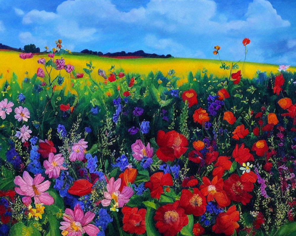 Colorful Flower Field Painting with Red Poppies and Purple Blooms