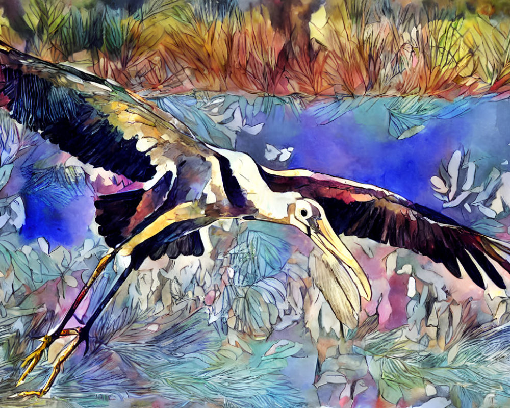 Colorful Watercolor Painting: Stork Flying Over Abstract Landscape