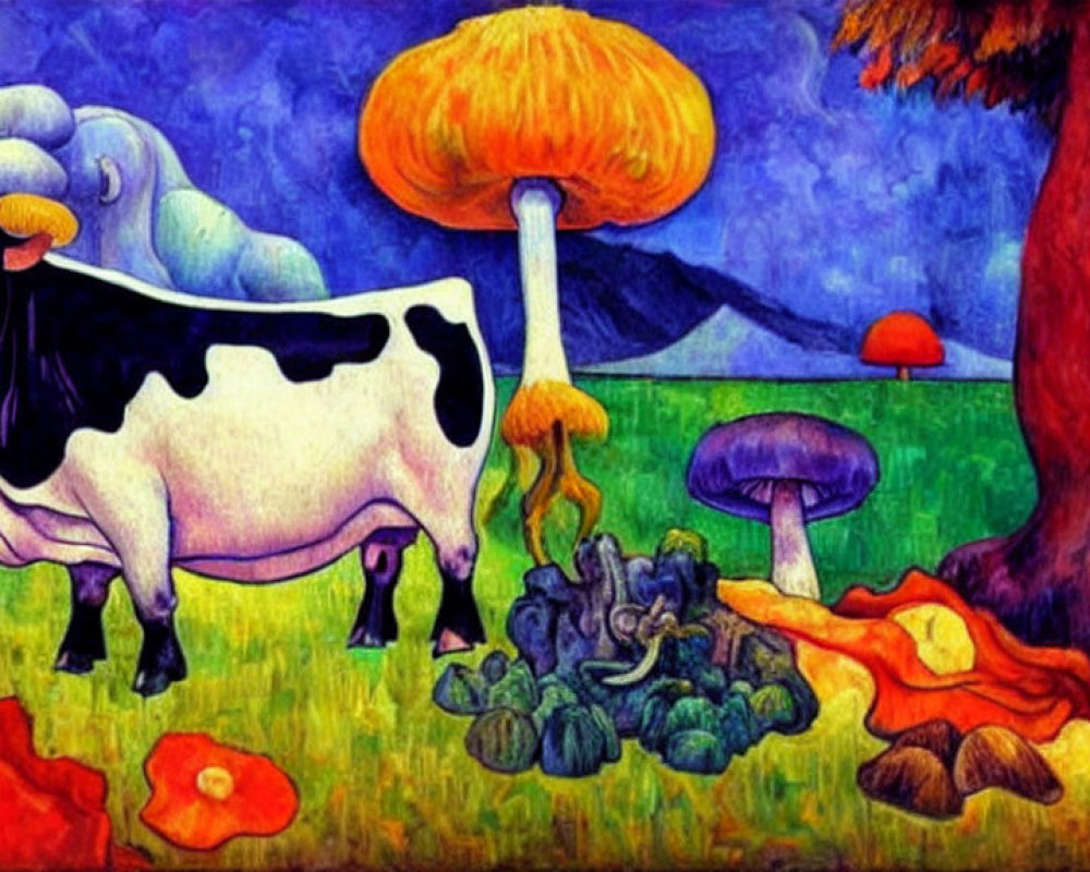 Vibrant cow and mushroom landscape painting with mountain backdrop