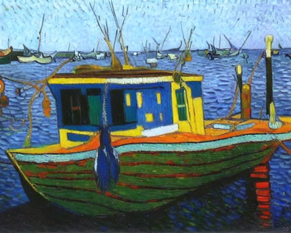 Vibrant expressionistic boat painting with yellow and green hues on blue sea.