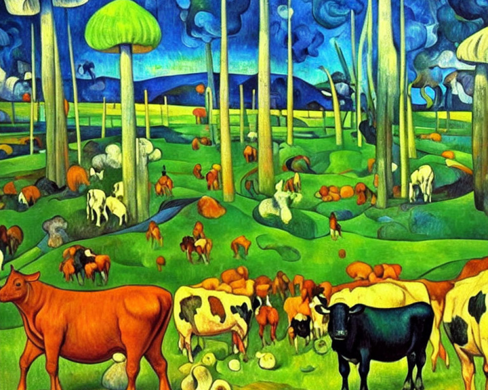 Colorful surreal painting: oversized mushrooms, cattle, blue sky