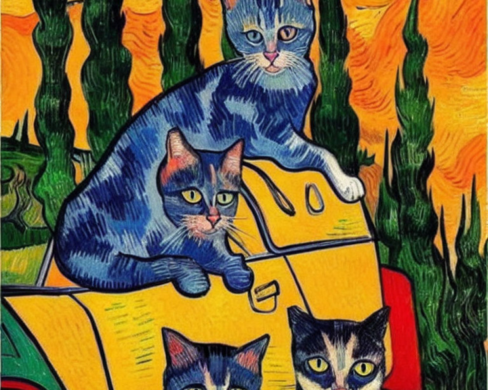 Stylized cats with human-like eyes on yellow car in Van Gogh-inspired landscape