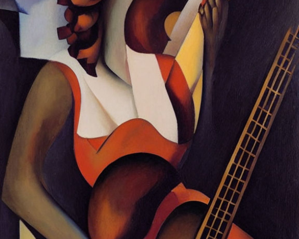 Cubist-style painting of woman playing guitar in blues and earth tones