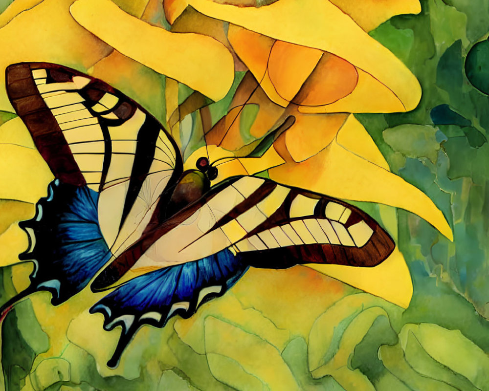 Colorful Watercolor Painting of Butterfly on Yellow Flowers