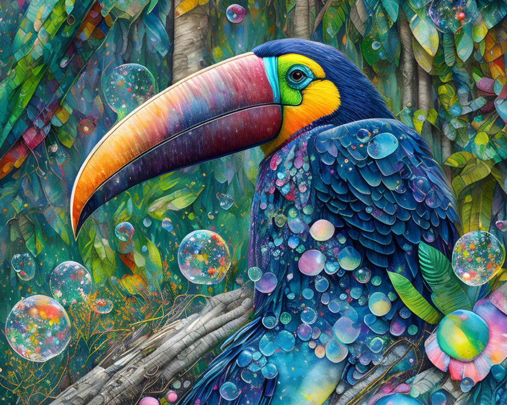 Colorful Toucan with Vibrant Beak in Fantastical Jungle Scene