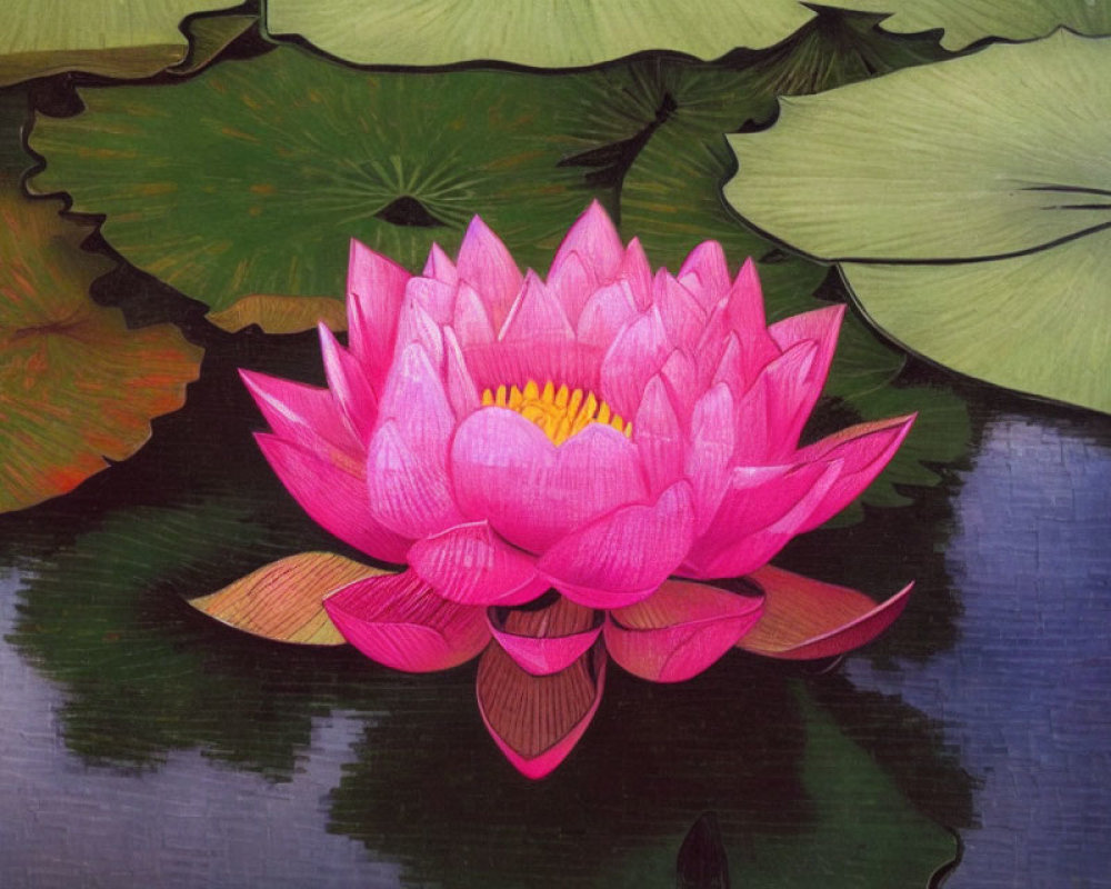 Detailed Realist Style Painting of Vibrant Pink Lotus Flower on Tranquil Pond