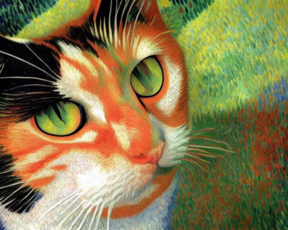 Vibrant close-up illustration of calico cat with green eyes and detailed fur pattern