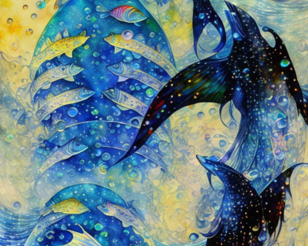 Colorful Underwater Artwork with Whimsical Whales and Fish