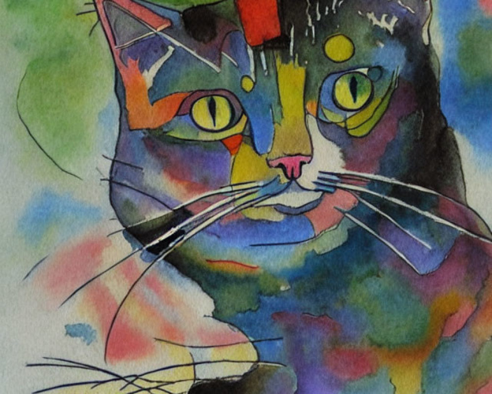 Vibrant watercolor painting of a cat with abstract patterns in green, blue, red, and