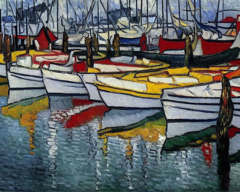 Vibrant boats with bold outlines in marina scenery