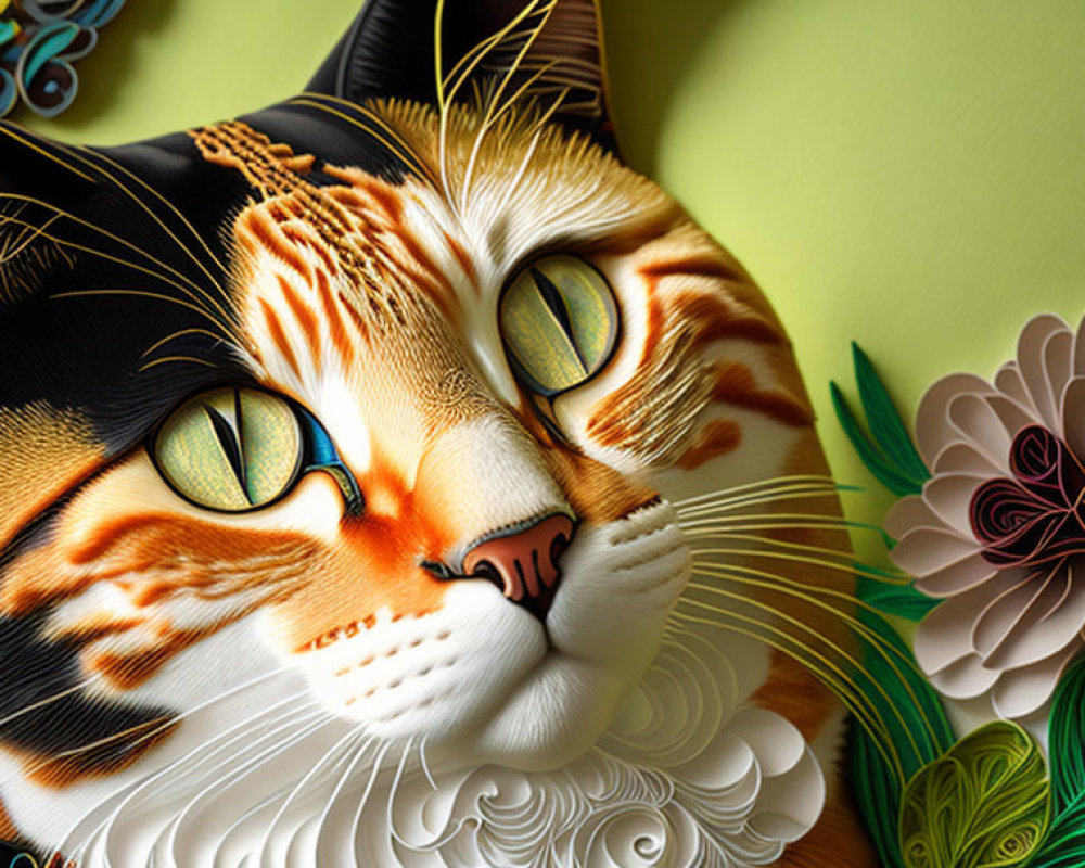 Vibrant digital artwork featuring a cat with intricate patterns and colorful floral elements