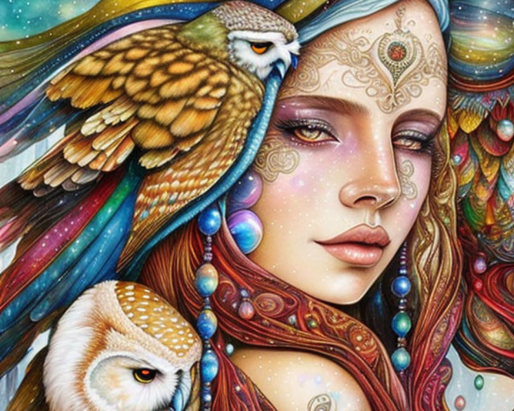 Colorful Woman with Owls: Stylized Illustration