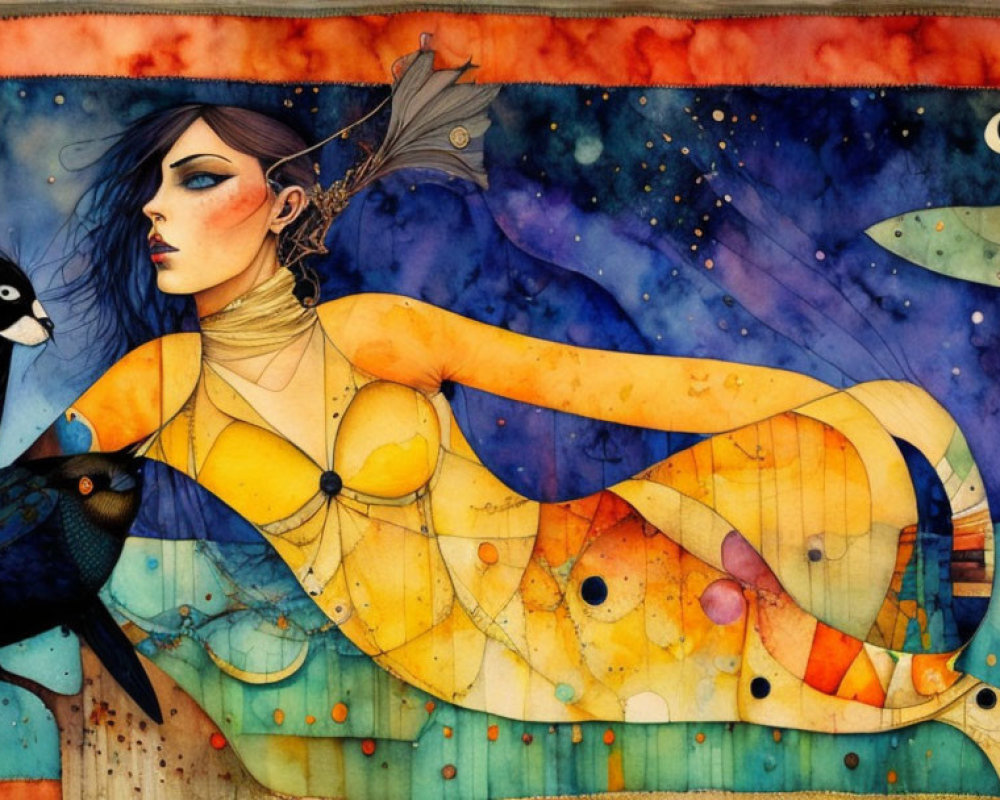 Colorful mythical woman with fish tail and black cat on celestial background