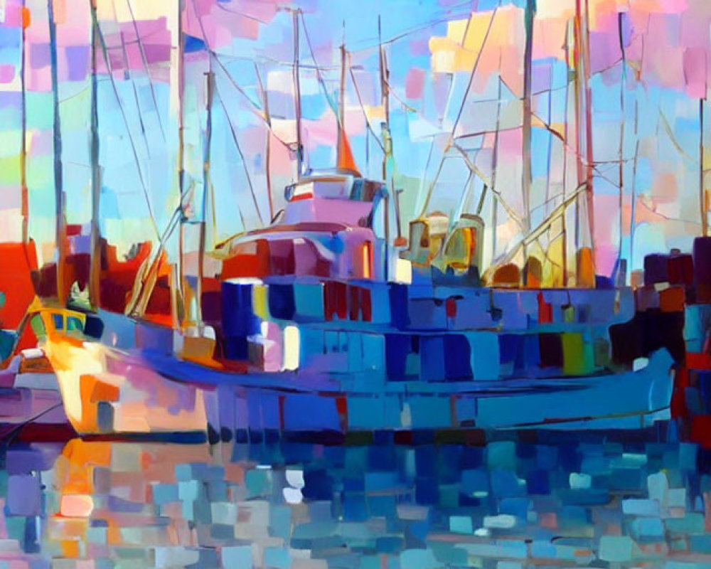 Colorful Cubist Style Painting of Boats in Harbor