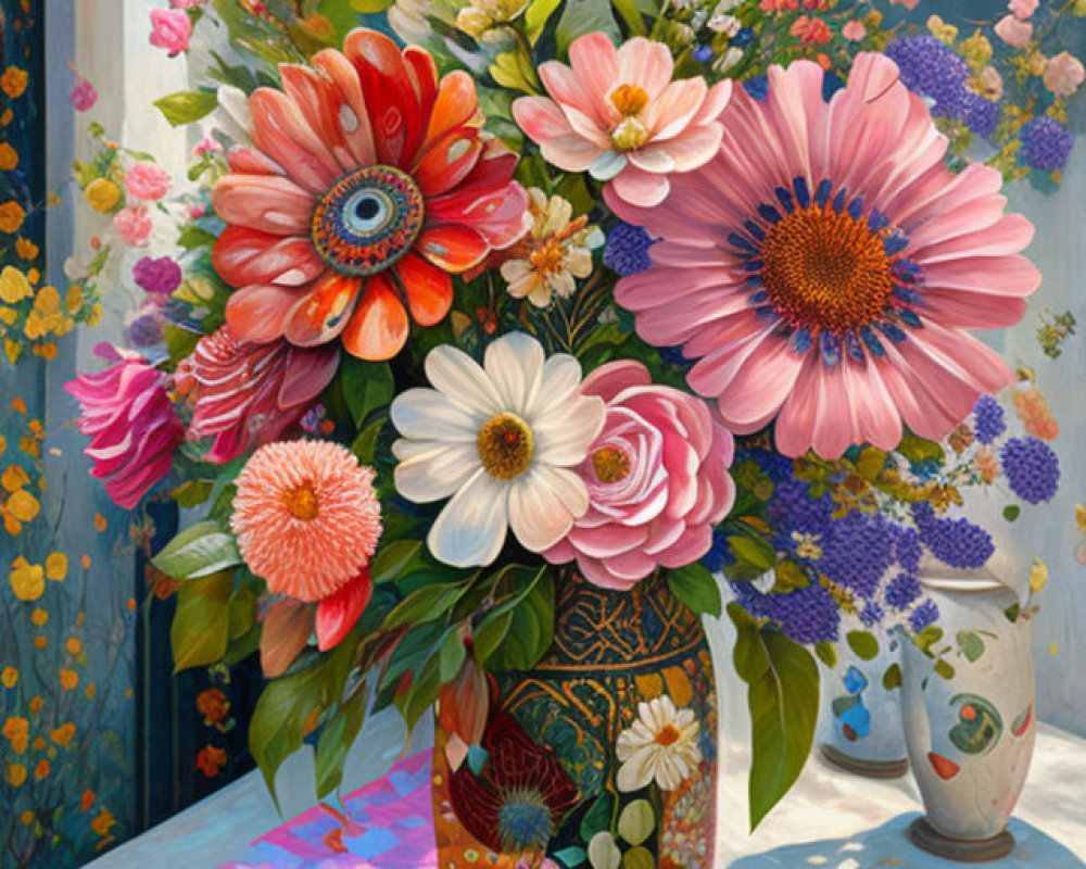 Colorful Floral Arrangement Painting with Daisies in Decorative Vase