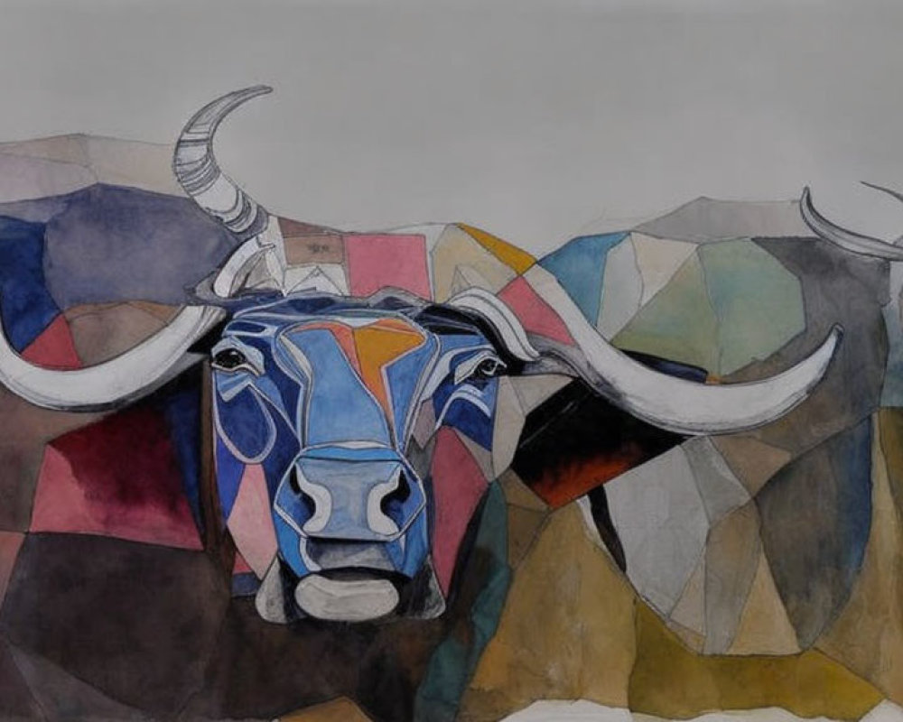 Stylized bull watercolor painting with geometric patterns in blues, purples, and earth tones