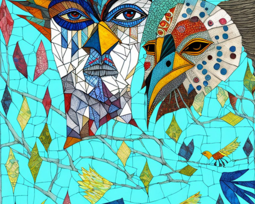 Colorful Abstract Mosaic Artwork with Human and Bird Faces