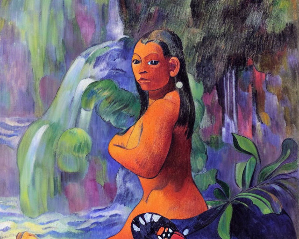 Vibrant painting of seated woman against colorful waterfall & tropical foliage