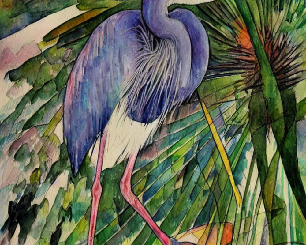 Blue Heron in Green Foliage Watercolor Painting