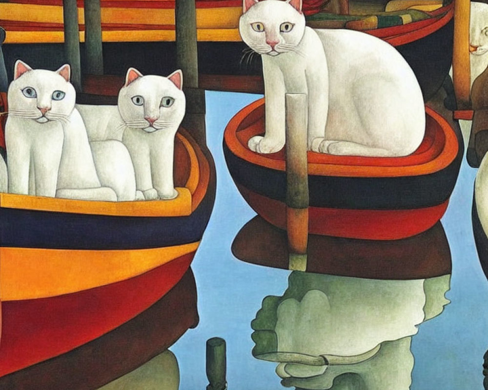 White Cats with Blue Eyes in Colorful Rowboats on Calm Water