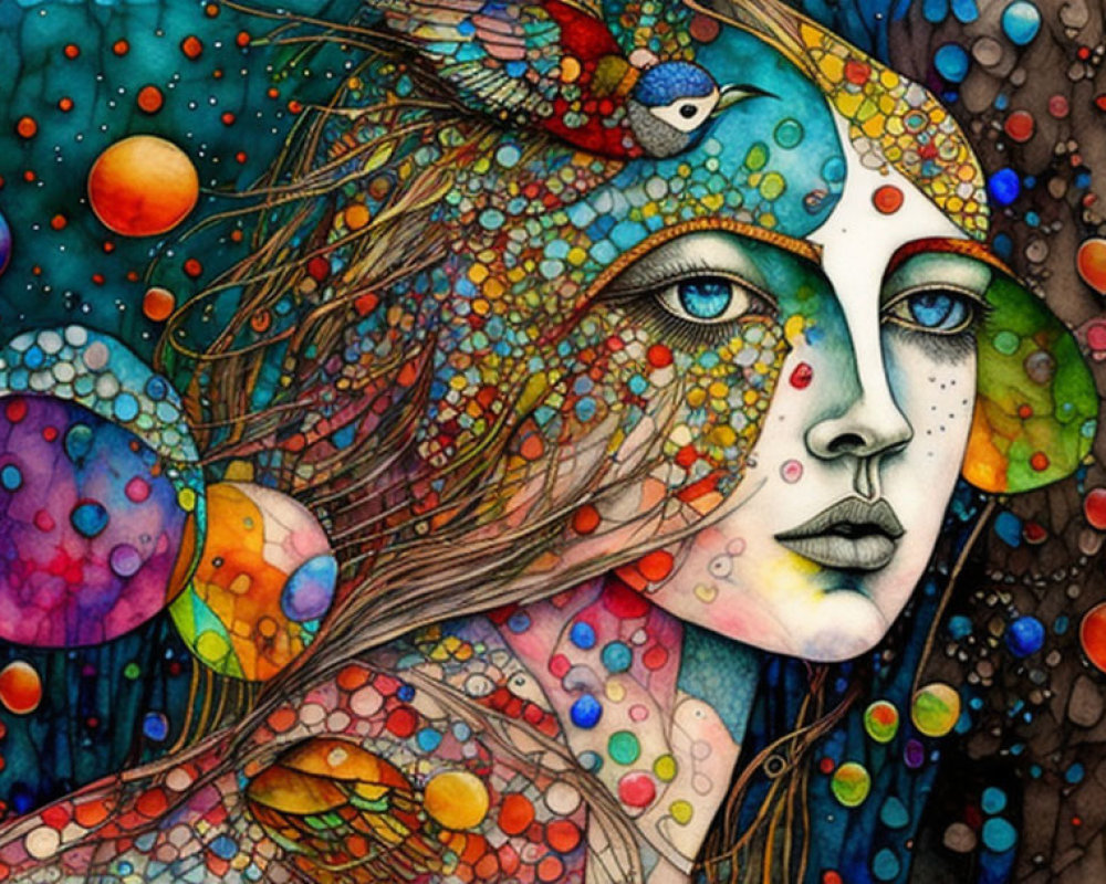 Colorful illustration of woman with patterned skin and bird, surrounded by bubbles