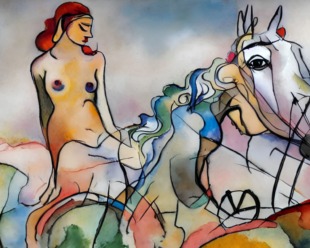 Vibrant abstract painting: nude female figure and horse in dreamlike scene