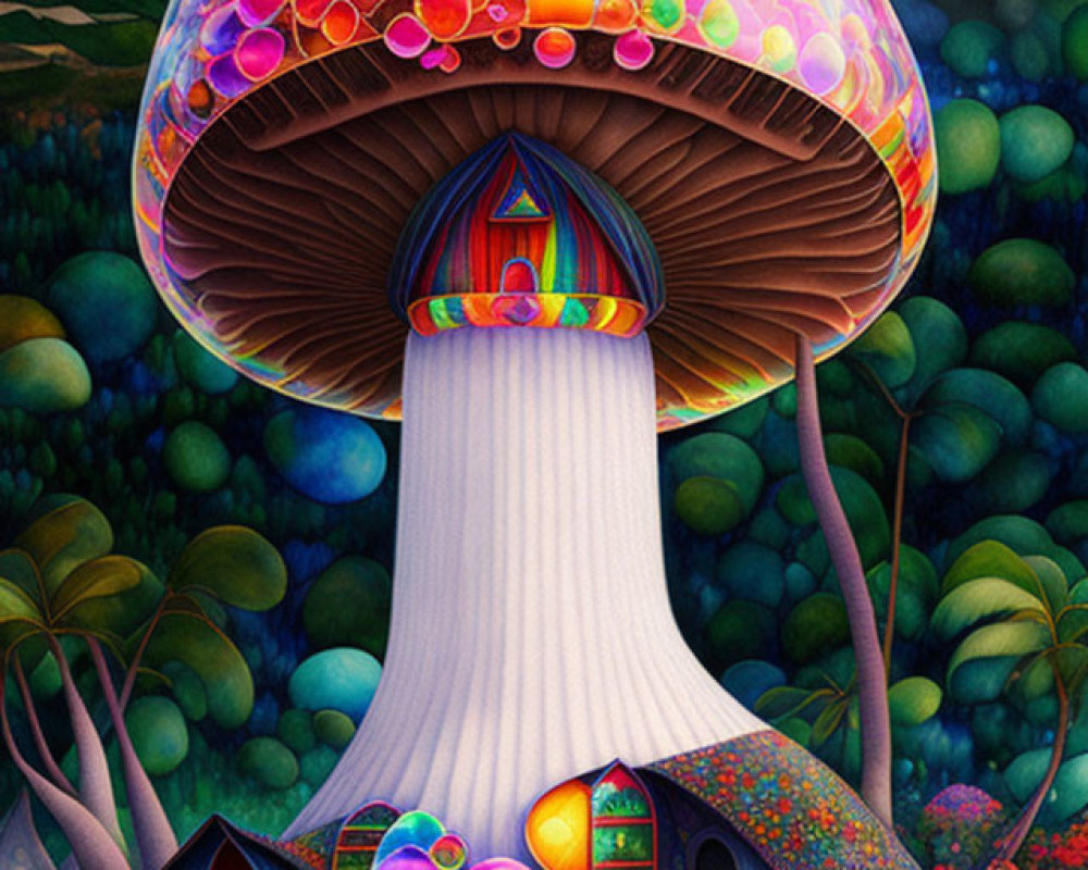 Colorful Mushroom House Painting in Whimsical Landscape