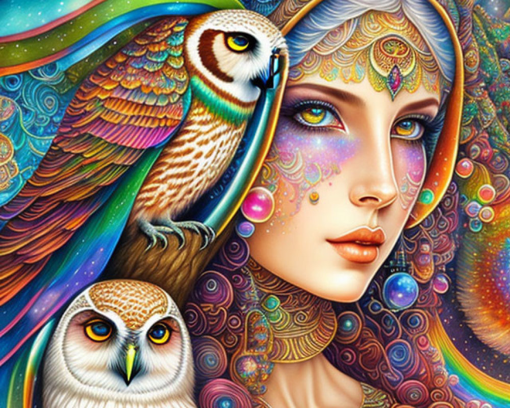 Detailed illustration of woman with intricate patterns and owls against cosmic backdrop