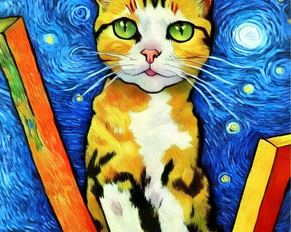 Whimsical cat art with Van Gogh-inspired swirls