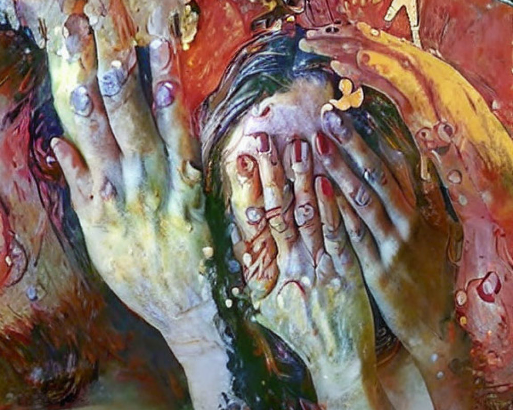 Colorful surreal painting of person with paint-covered hands, butterfly, and abstract shapes