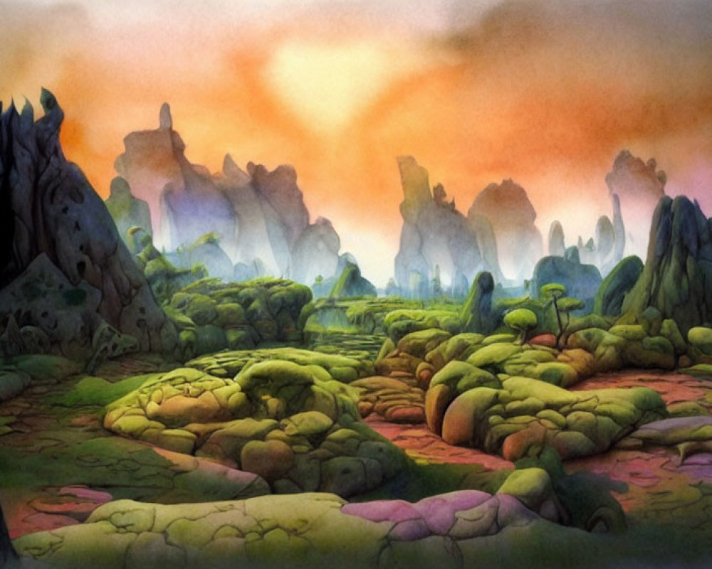 Colorful landscape with mossy rocks, sparse trees, and warm hazy sky.