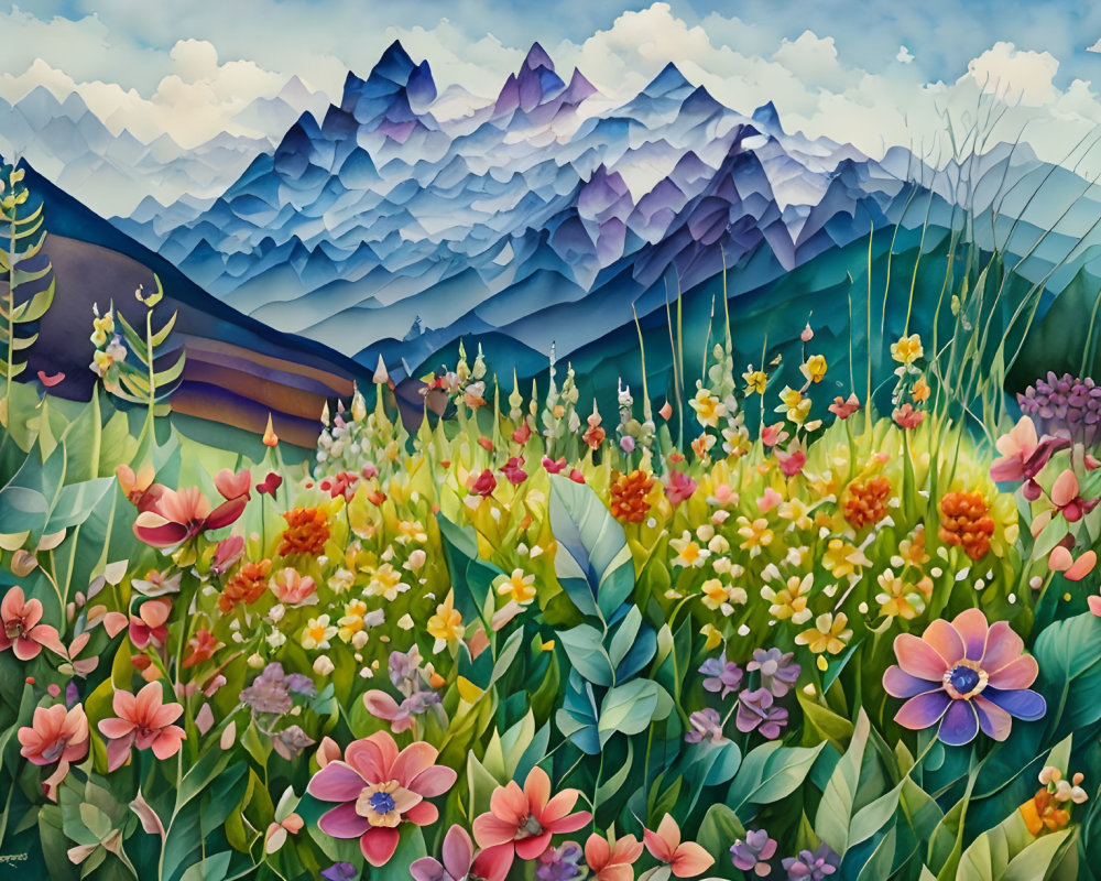 Colorful mountain landscape with wildflowers and blue sky