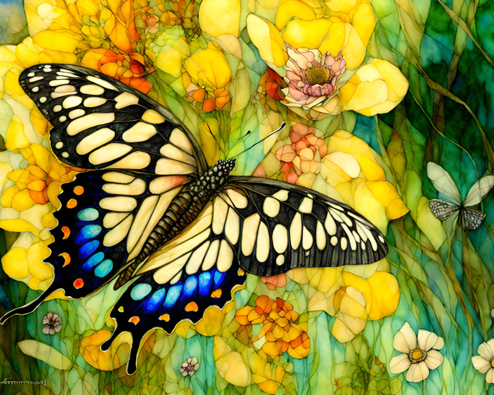 Colorful Butterfly Illustration on Yellow Flowers with Stained-Glass Background