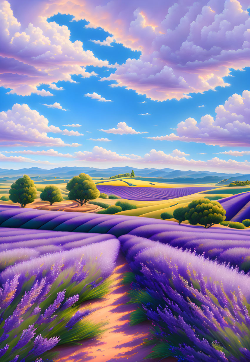 Vibrant Lavender Field on Rolling Hills at Sunset