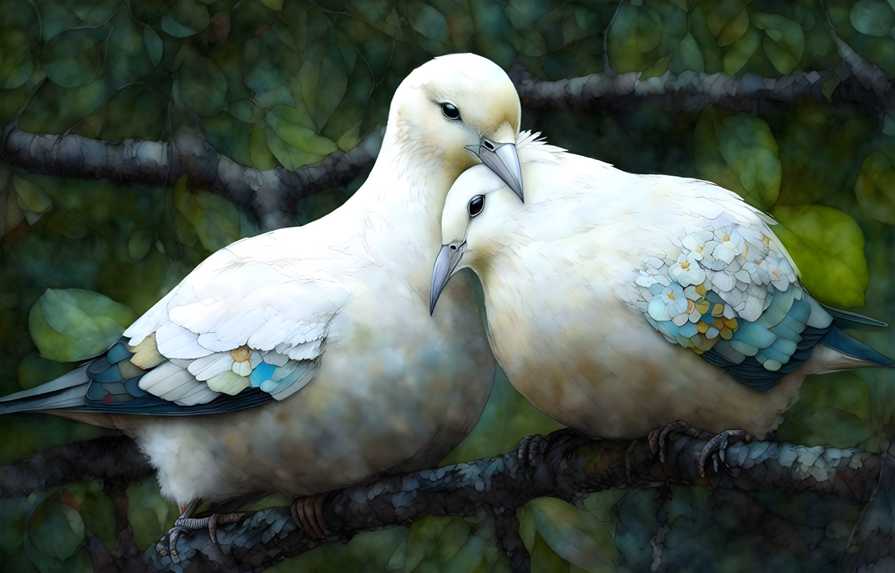 Affectionate doves nuzzling on branch with leaf bokeh background