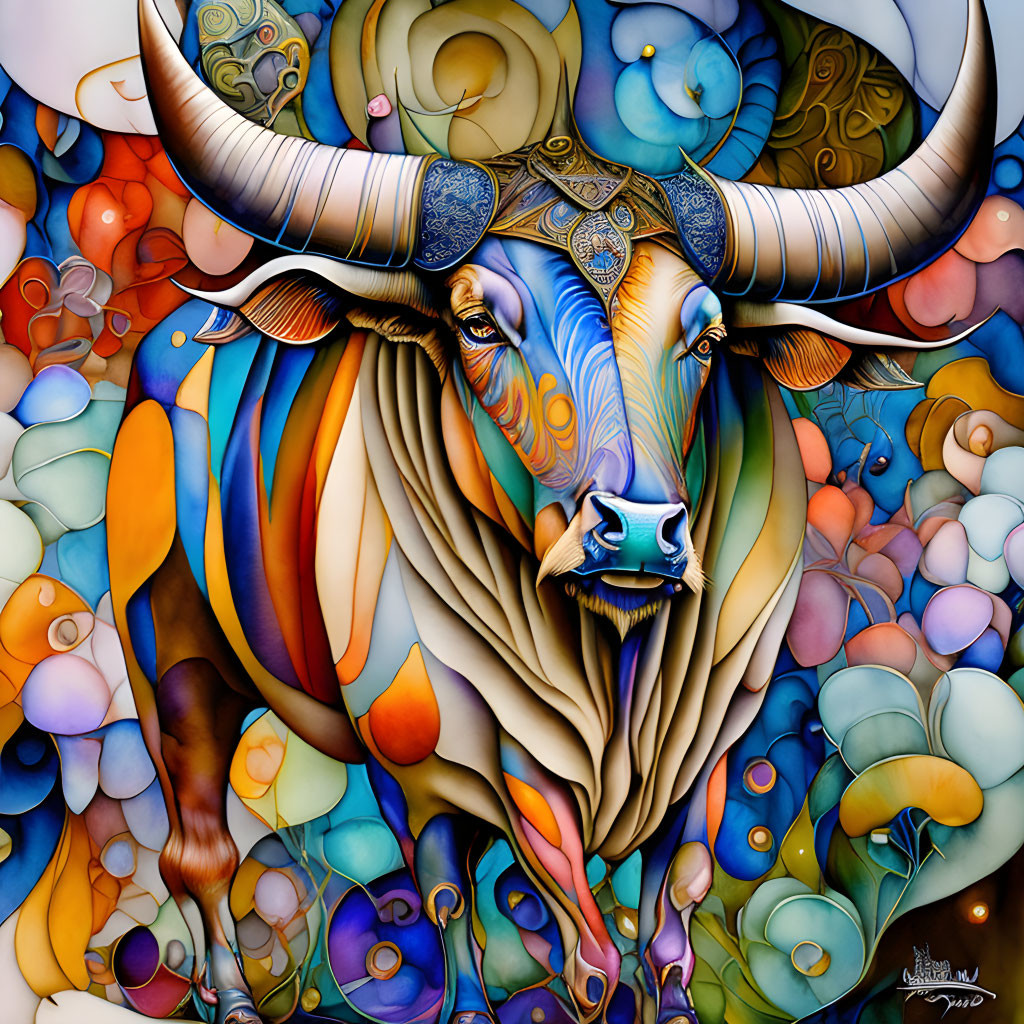 Colorful Bull Painting with Vibrant Patterns and Bubble-like Designs