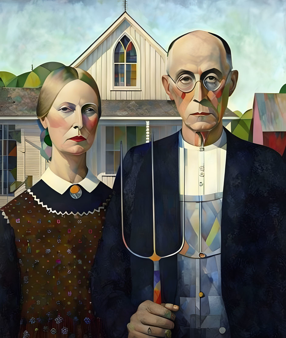 Stern-looking couple with man holding pitchfork in front of farmhouse