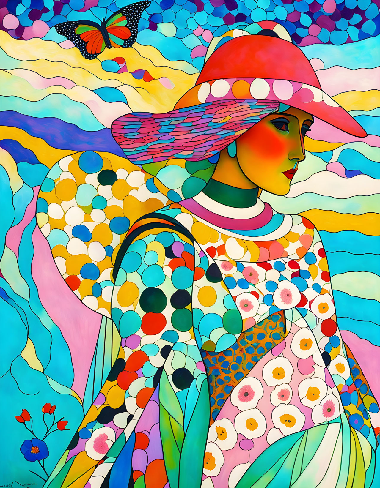 Colorful stylized woman in patterned dress and wide-brimmed hat with butterfly against vibrant mosaic