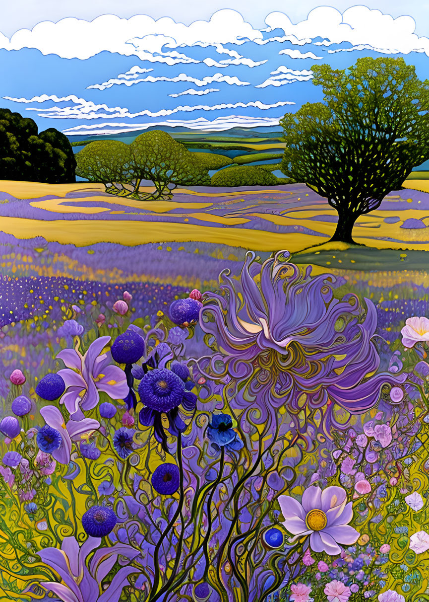 Colorful lavender field landscape with spiral tree and whimsical flowers.