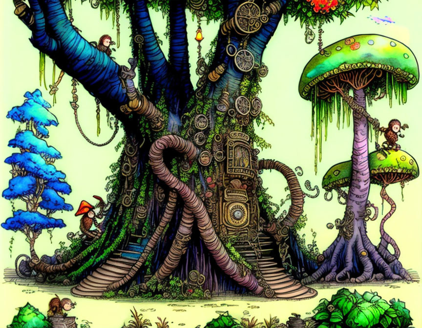 Whimsical illustration of large tree with mechanical elements in magical forest