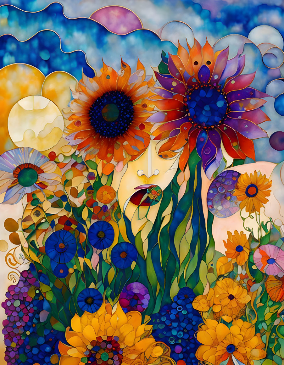 Colorful Stained-Glass Style Illustration of Flowers with Integrated Face