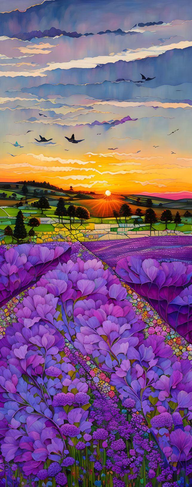 Colorful sunset landscape with purple flowers, rolling hills, and streaked skies