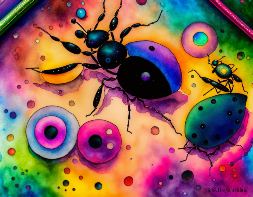 Vibrant abstract art with stylized ants and circular shapes in watercolor and ink.